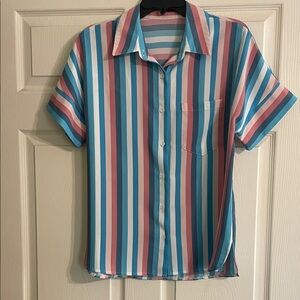 Striped Short Sleeve Button-Up Shirt in Teal, Pink & White small